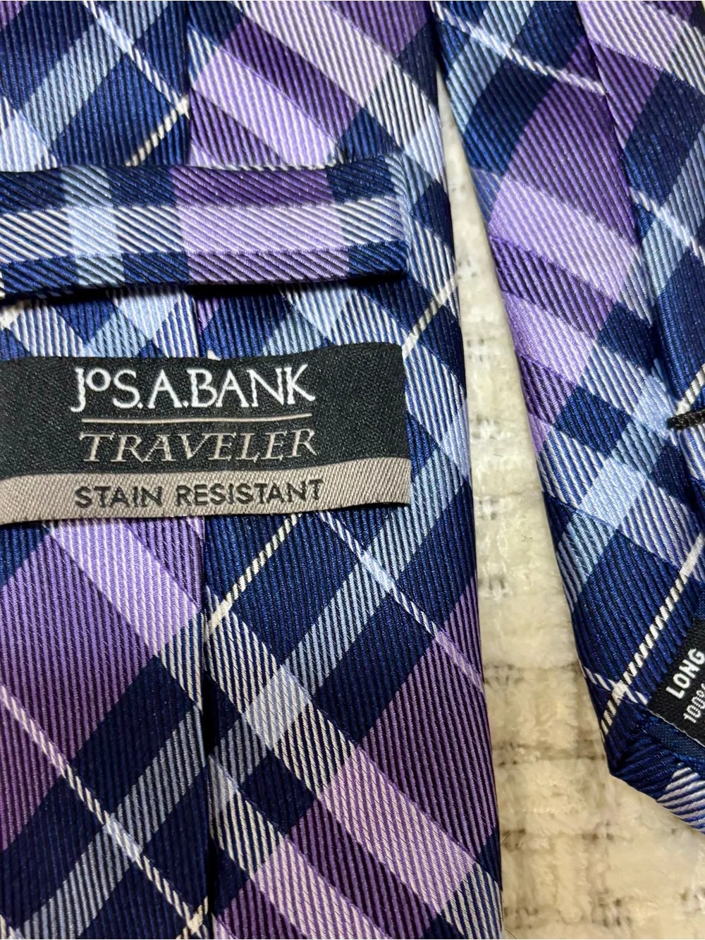 Jos. A.‎ Bank Men's Purple Blue White Plaid Silk Tie Woven Stain Resistant Long